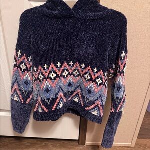 ☀️Girls Blue W/Pink & White Pattern Heavy Hooded Sweater size 14-16☀️